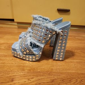 Distressed Jean Platform Heeled Sandal
